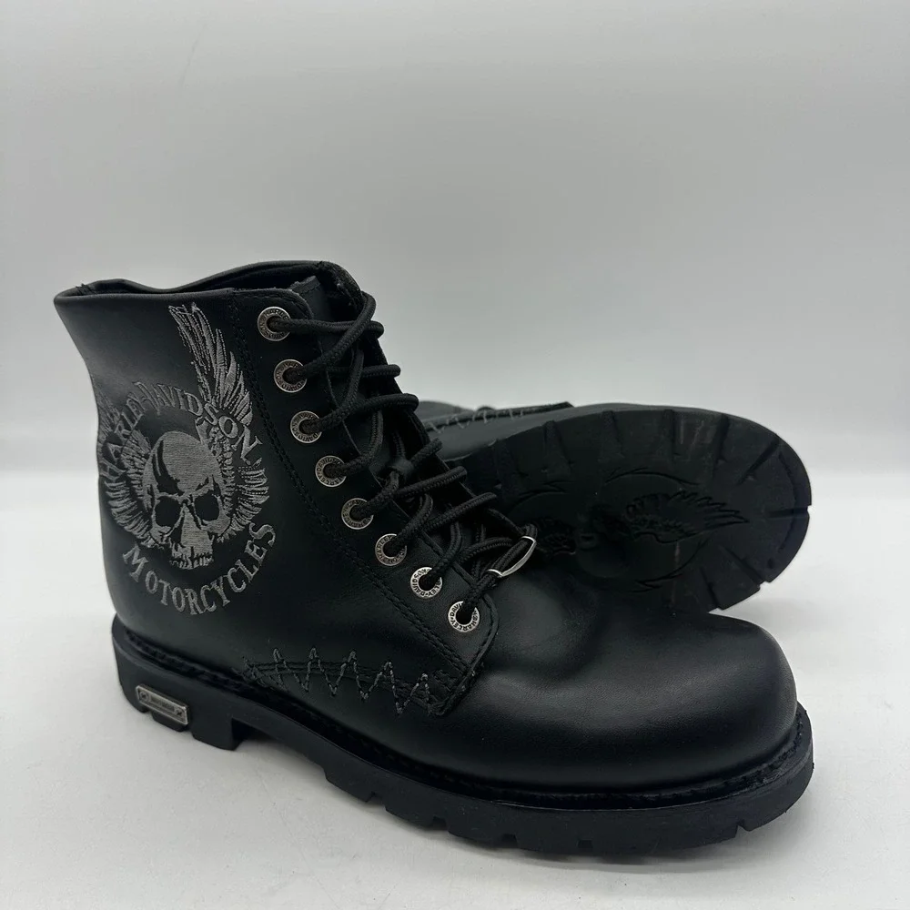 Harley-Davidson 95172 Mens Size 10 Black Leather Winged Skull Biker Riding Boots